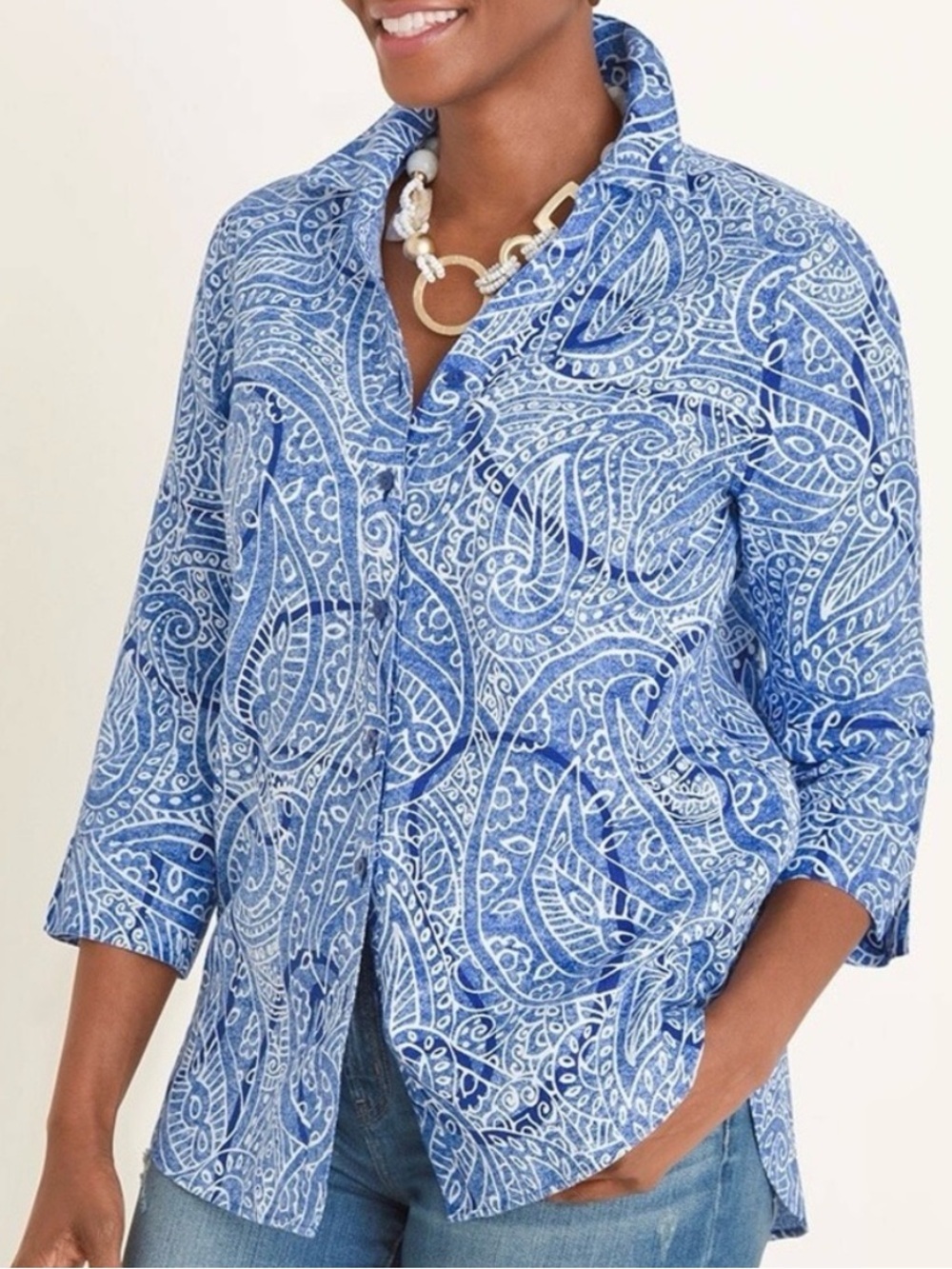Chico’s No Iron 100% Linen Blue Paisley Button Front Shirt Size 1 (M) Coastal